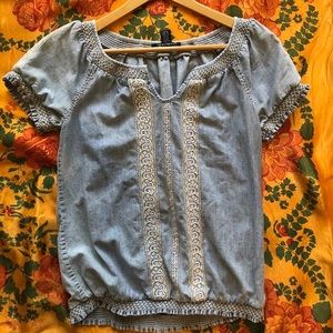 Lucky Denim Blouse w/ Embroidered Detail